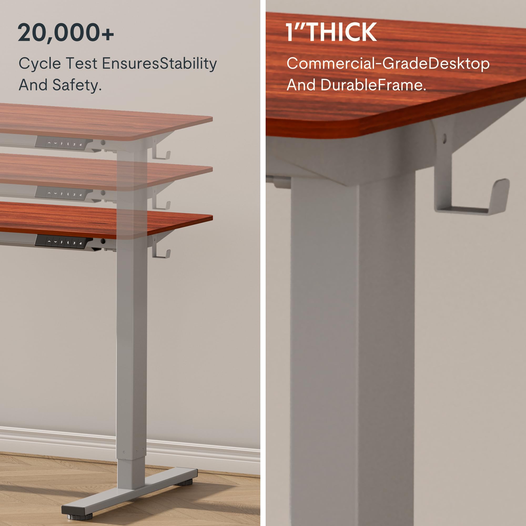 EN1 One-Piece Standing Desk, Electric Adjustable with 4 Memory Presets, 176 LBS Capacity, Stable & Quiet, Seamless Desktop for Home Office & Dual Monitors, 55"x28" Mahogany(Silver Frame)