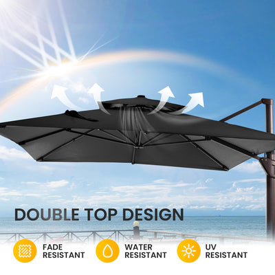 10 X 13 FT Cantilever Patio Umbrella with Base Included Outdoor Heavy Duty Double Top Windproof Rectangle Offset Umbrellas with 360-degree Rotation for Pool Deck Backyard, Black