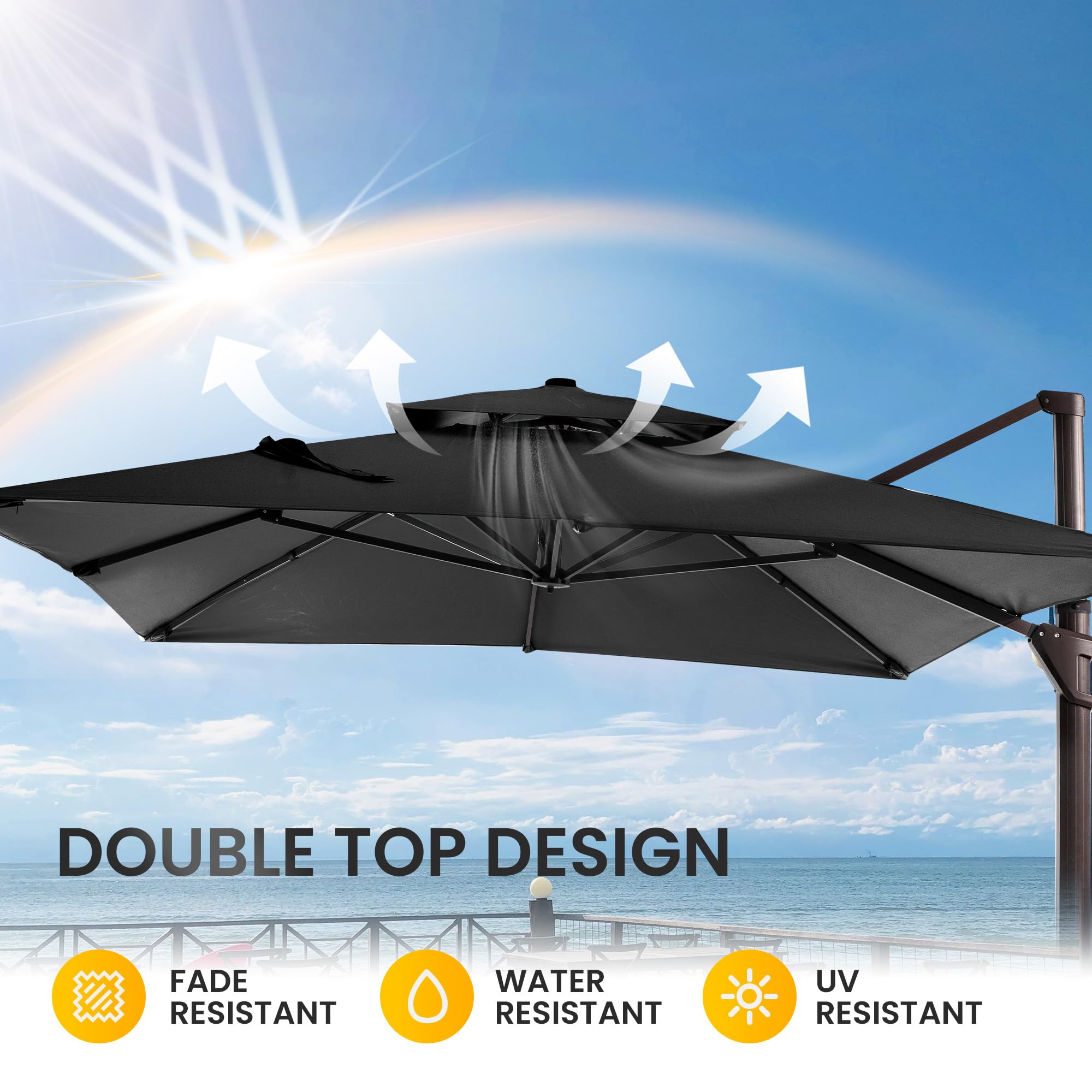 10 X 13 FT Patio Umbrella Heavy Duty Double Top Windproof Rectangle Cantilever Outdoor Umbrellas with 360-degree Rotation for Pool Deck Backyard, Black