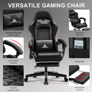 Gaming Chair,Ergonomic Massage Computer Office Desk Chair with Footrest,Pocket Spring Cushion,Reclining Leather Adjustable Gamer Chair with Headrest and Lumbar Support,Black