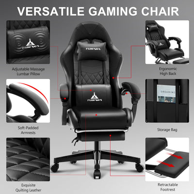 Gaming Chair,Ergonomic Massage Computer Office Desk Chair with Footrest,Pocket Spring Cushion,Reclining Leather Adjustable Gamer Chair with Headrest and Lumbar Support,Black
