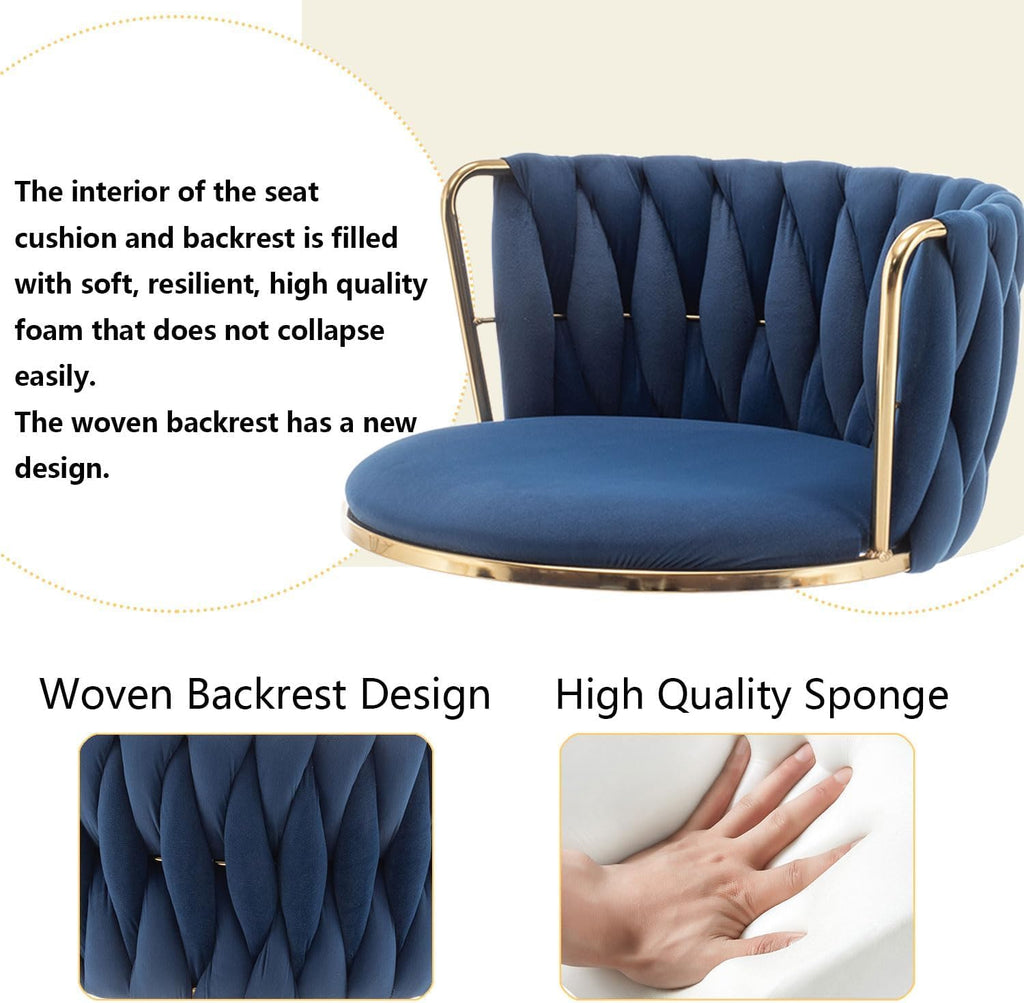 Gold Velvet Bar Stools Set of 3, Swivel Counter Height Bar Stools with Back, Adjustable Woven Barstools for Kitchen Island, Pub, Club (Blue)
