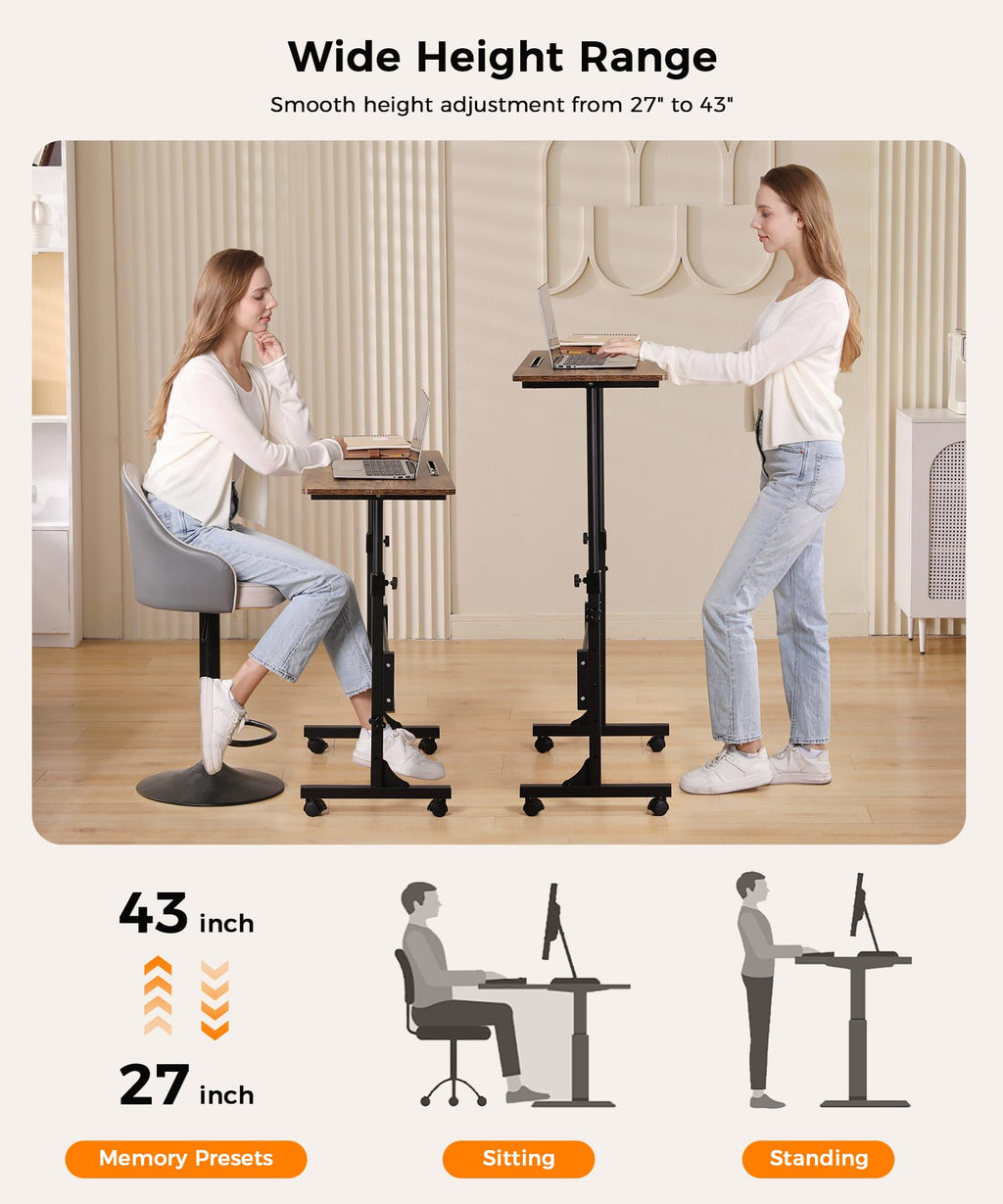 Standing Desk Adjustable Height, Mobile Stand Up Desks with Wheels Small Computer Desks Rolling Desk, Portable Laptop Desks Rustic Standing Table Sit Stand Home Office Desks 16"x31.5" Height 27"-43.5"