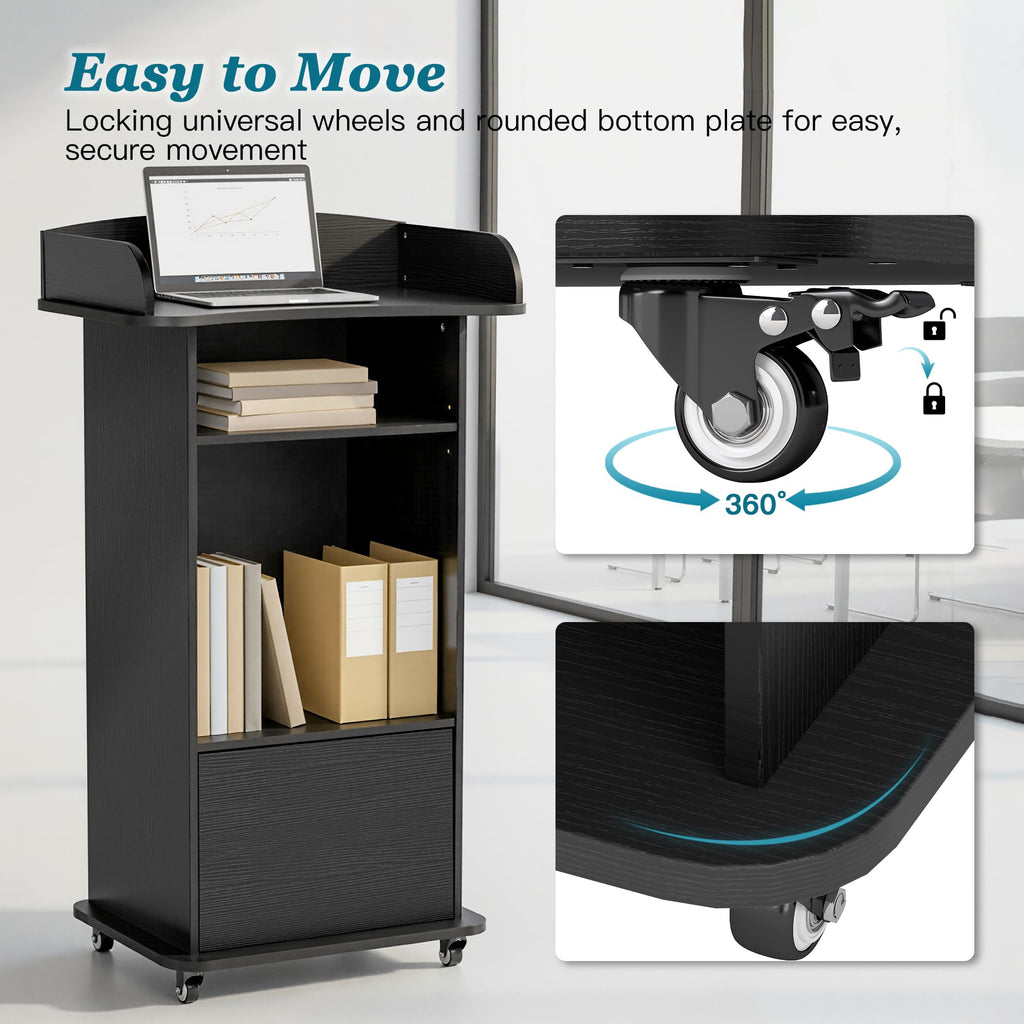 Podium Stand with Metal Wheels Wooden Lectern Podium Stand Portable Pulpit Standing with Storage Mobile Reception Podiums Desk for Church Office School Conference Restaurant Meeting, Black