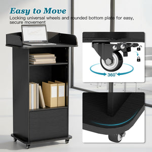 Podium Stand with Metal Wheels Wooden Lectern Podium Stand Portable Pulpit Standing with Storage Mobile Reception Podiums Desk for Church Office School Conference Restaurant Meeting, Black