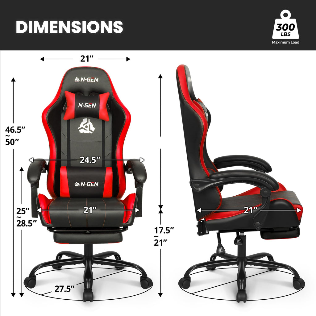 Video Gaming Chair with Footrest Lumbar Support for Home Office High Back Recliner Height Adjustable Ergonomic Comfy Leather Computer Desk Chair (Red)