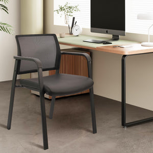 Stackable Office Chair, Mesh Back Guest Chairs with Comfortable Leather Seat Arms Stacking Ergonomic Desk Chair No Wheels for Conference Waiting Reception School Side Stationary, Black
