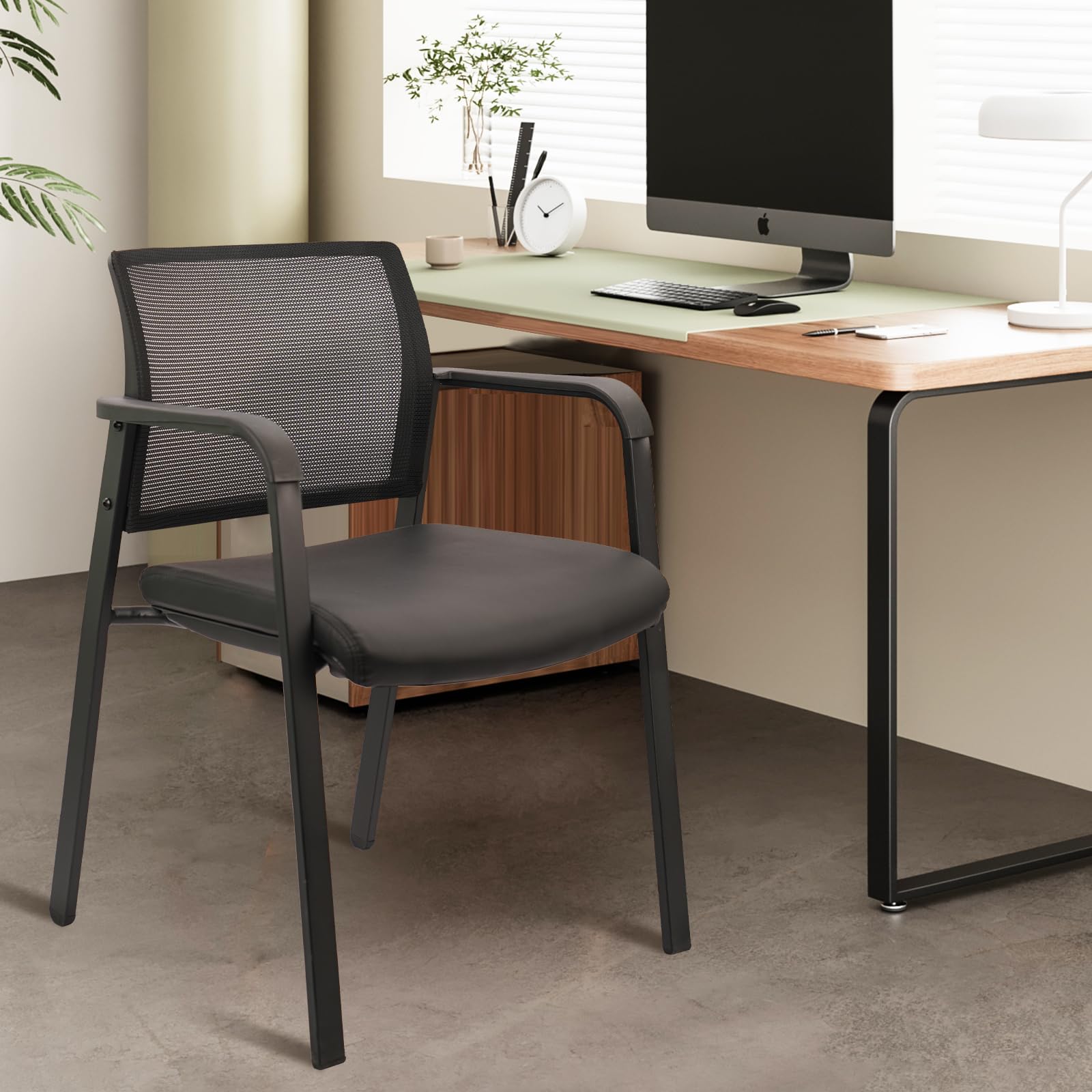 Black, Set of 2, Stackable Office Chair, Mesh Back Guest Chairs with Comfortable Leather Seat Arms Stacking Ergonomic Desk Chair No Wheels for Conference Waiting Reception School Stationary