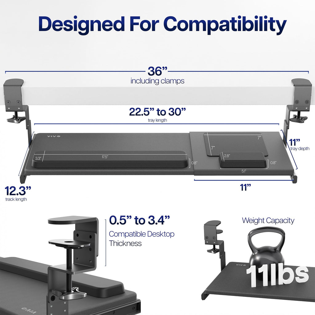 Large Height and Width Adjustable Under Desk Keyboard Tray, C-clamp Mount System, 22.5” to 30” (28.5” to 36” Including Clamps) x 11 inch Slide-Out Platform for Typing, Black, Mount-KBST1