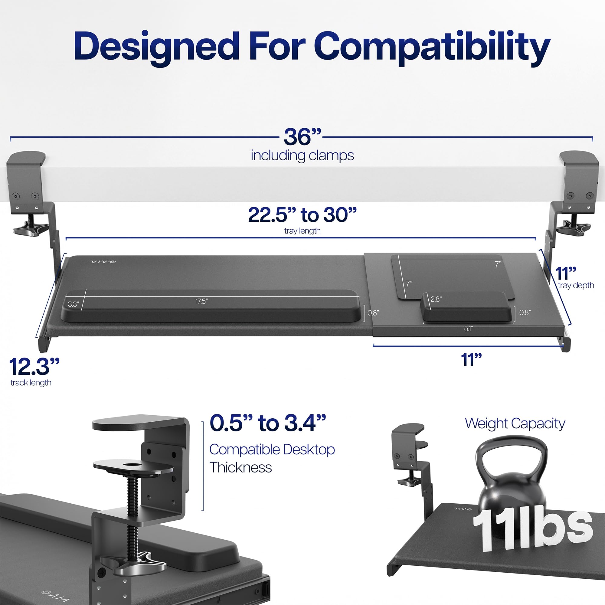 Large Height and Width Adjustable Under Desk Keyboard Tray, C-clamp Mount System, 22.5” to 30” (28.5” to 36” Including Clamps) x 11 inch Slide-Out Platform for Typing, Black, Mount-KBST1