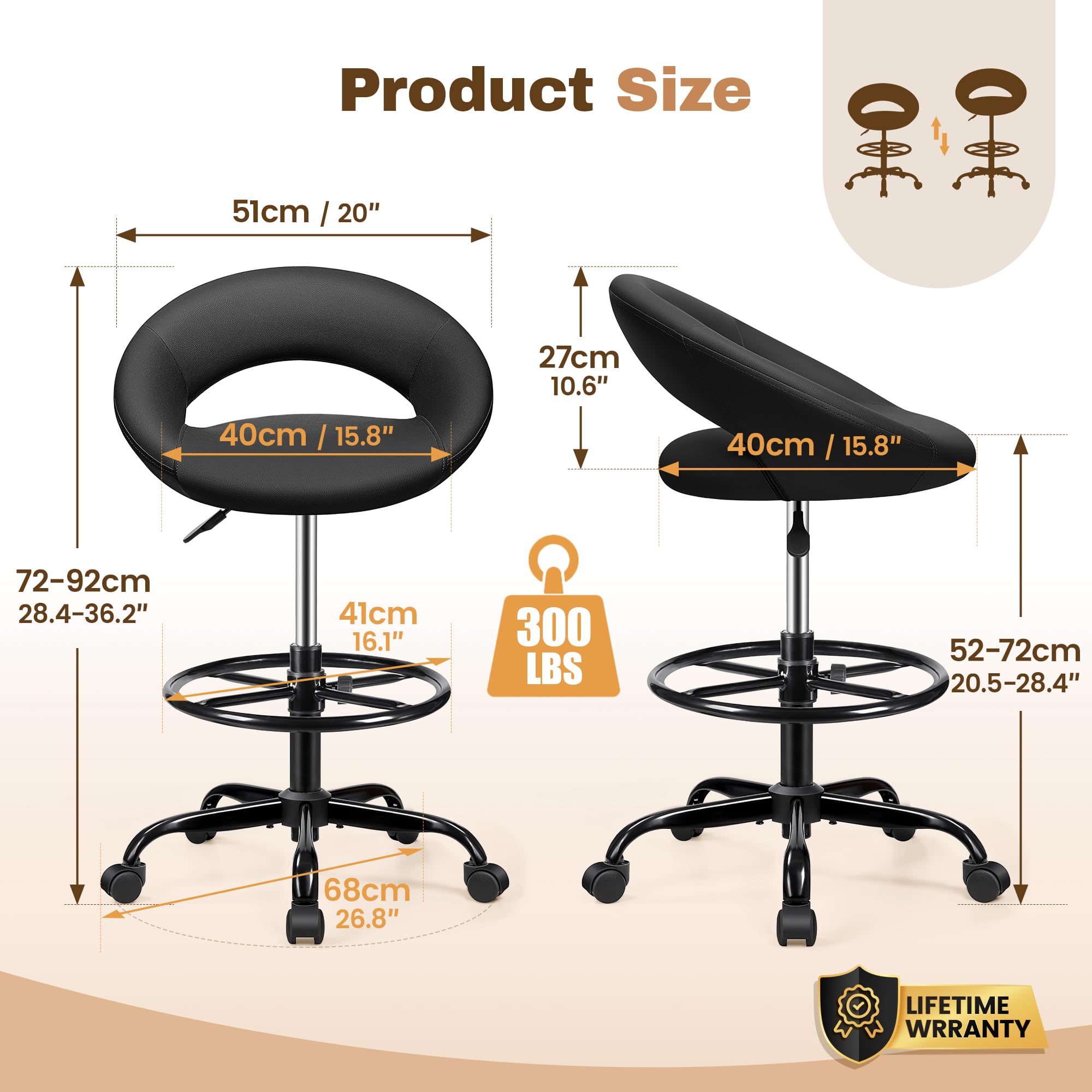 Black 2 Pack, Office Drafting Chair - Bar Stools with Back Support, Adjustable Foot Rest and Wheels, Shop Rolling Swivel Chair for Standing Desk Counter Kitchen Salon Home Vanity
