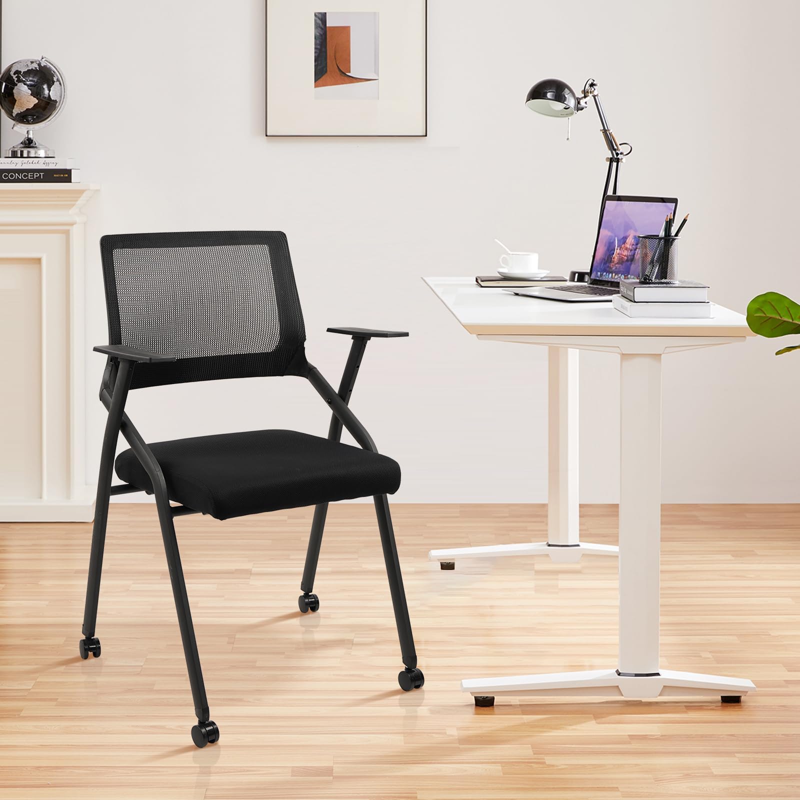 Black 8 Pack, Stackable Foldable Chairs with Wheels, Portable Padded Office Desk Chair with Lumbar Support and Armrest for Conference School Lobby Break Waiting Training Room Guest Reception