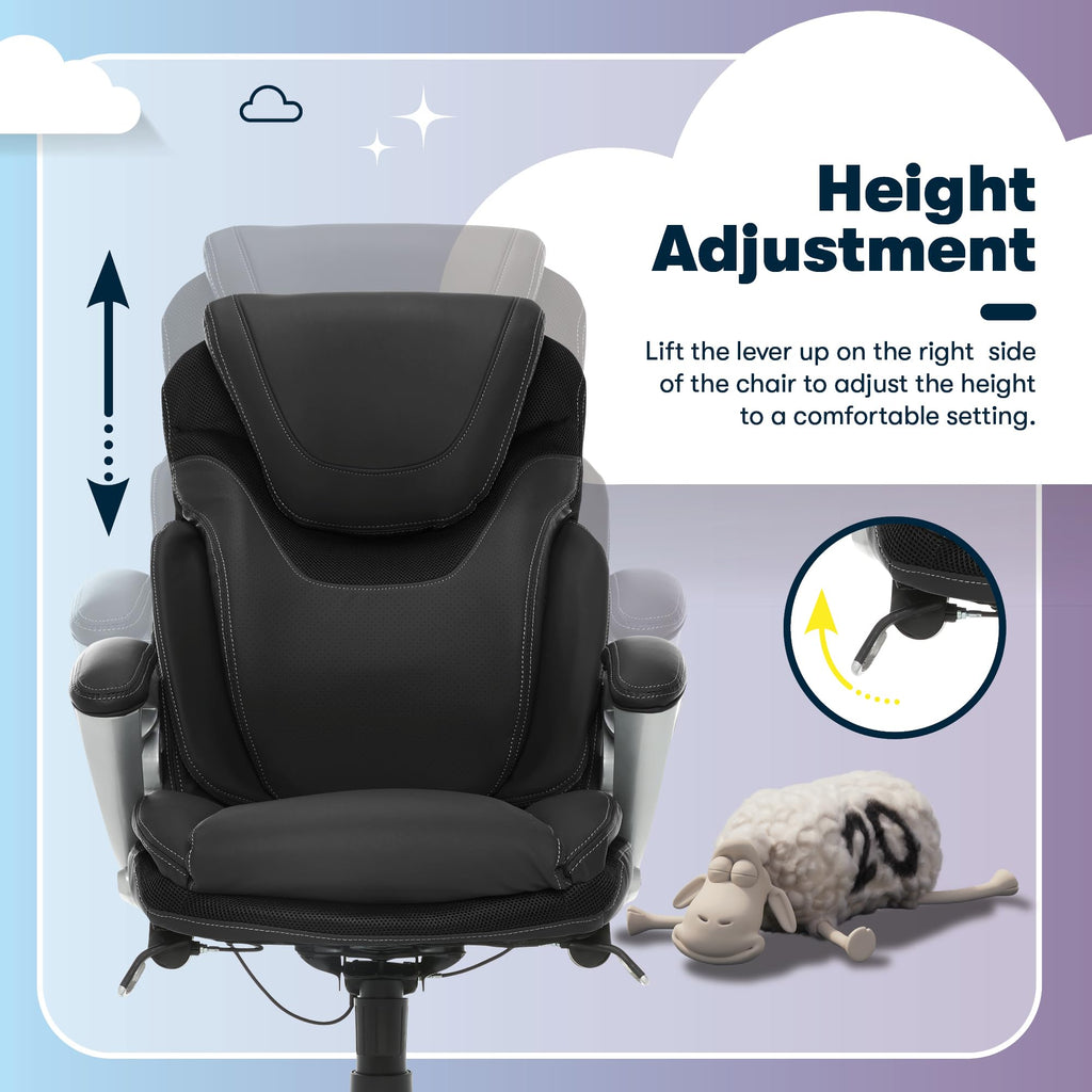Executive Office Chair - Ergonomic Computer DeskChair with Lumbar Technology - Adjustable Height - Memory Foam Body Pillows - 360° Swivel Rolling Base - Bonded Leather - Black