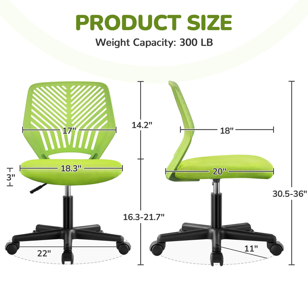 Kids Cute Desk Chair Armless Small Computer Chair with Lumbar Support for Teens Low-Back Bedroom School, Green