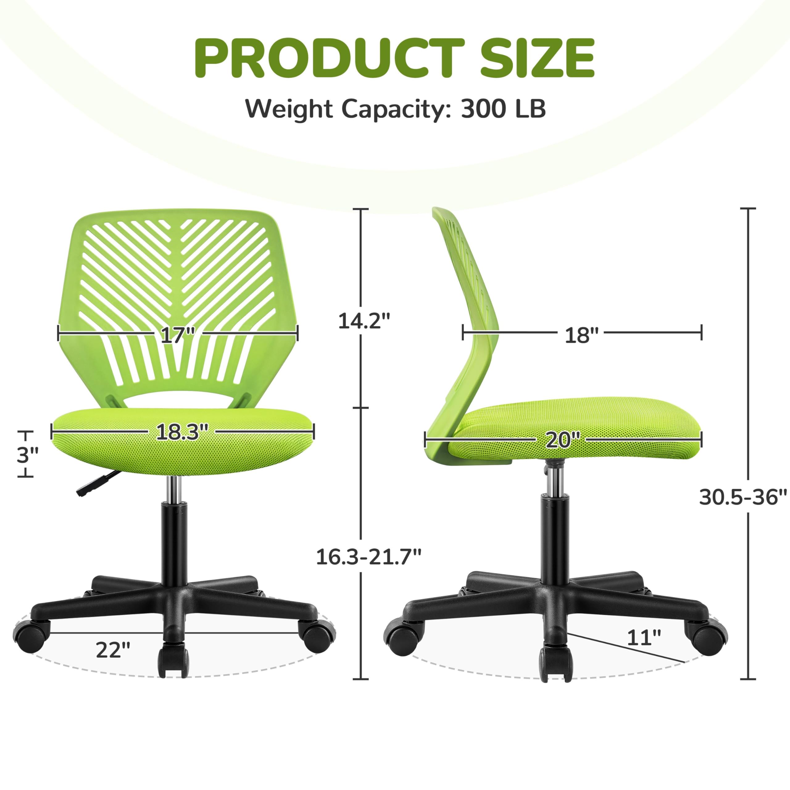 Kids Cute Desk Chair Armless Small Computer Chair with Lumbar Support for Teens Low-Back Bedroom School, Green