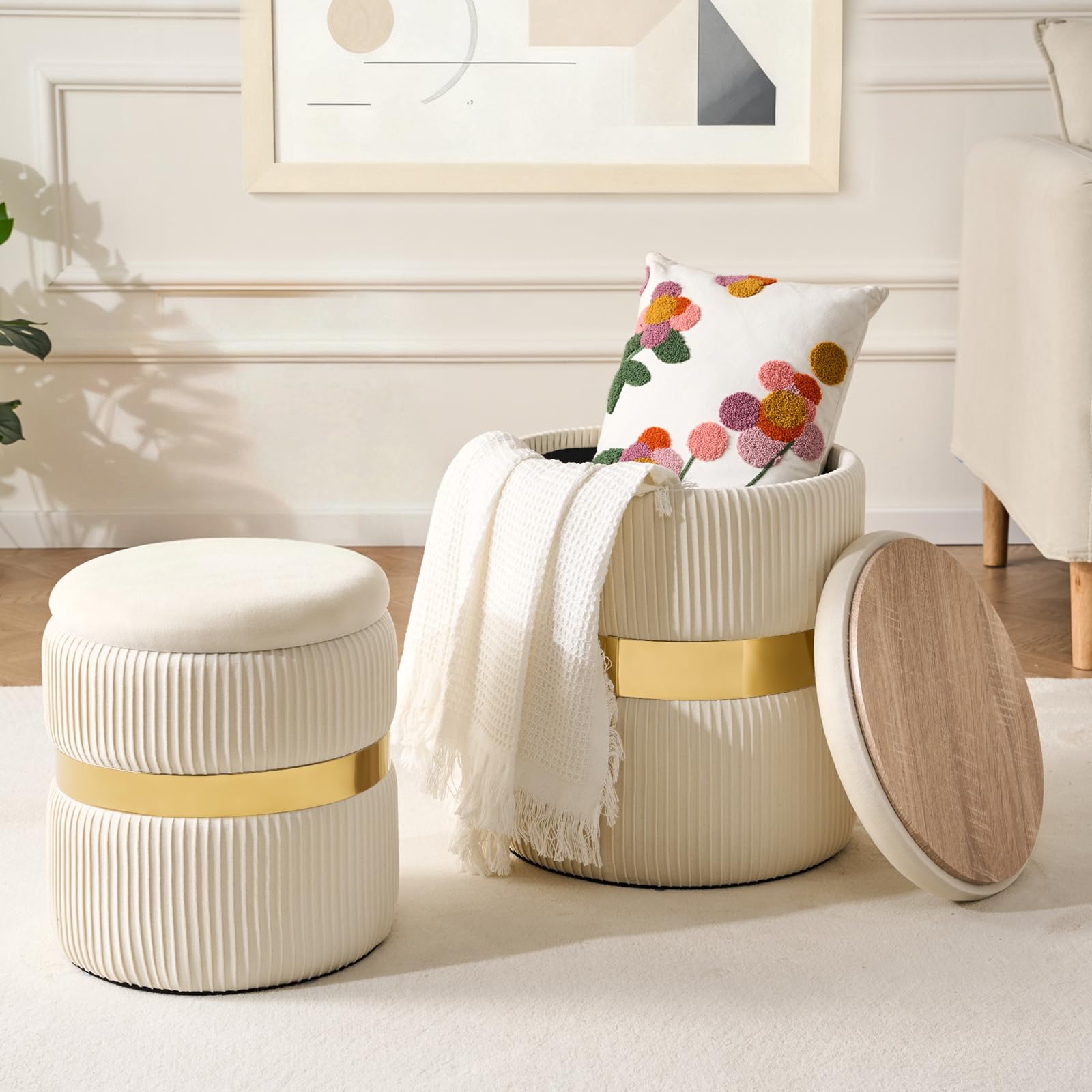 Velvet Round Ottoman with Storage Set of 2 for Livingroom Small Foot Stool Ottoman for Living Room Small Coffee Table Vanity Stool with Storage for Bedroom White