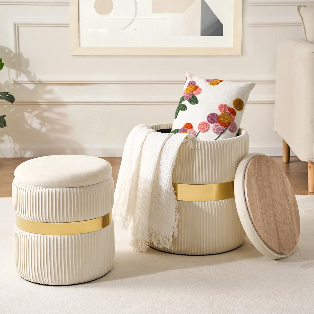 Velvet Round Ottoman with Storage Set of 2 for Livingroom Small Foot Stool Ottoman for Living Room Small Coffee Table Vanity Stool with Storage for Bedroom White