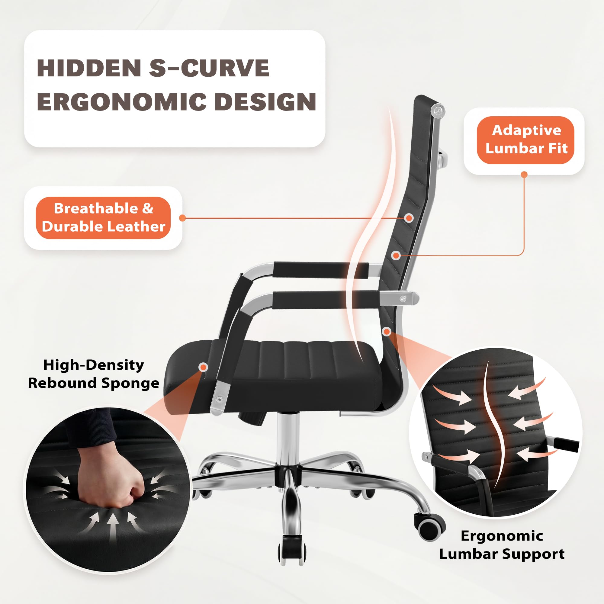 (4 pcs, Black) Ergonomic Office Desk Chair, Executive Ribbed Mid-Back PU Leather Conference Room Chair Adjustable Swivel Chair with Arms
