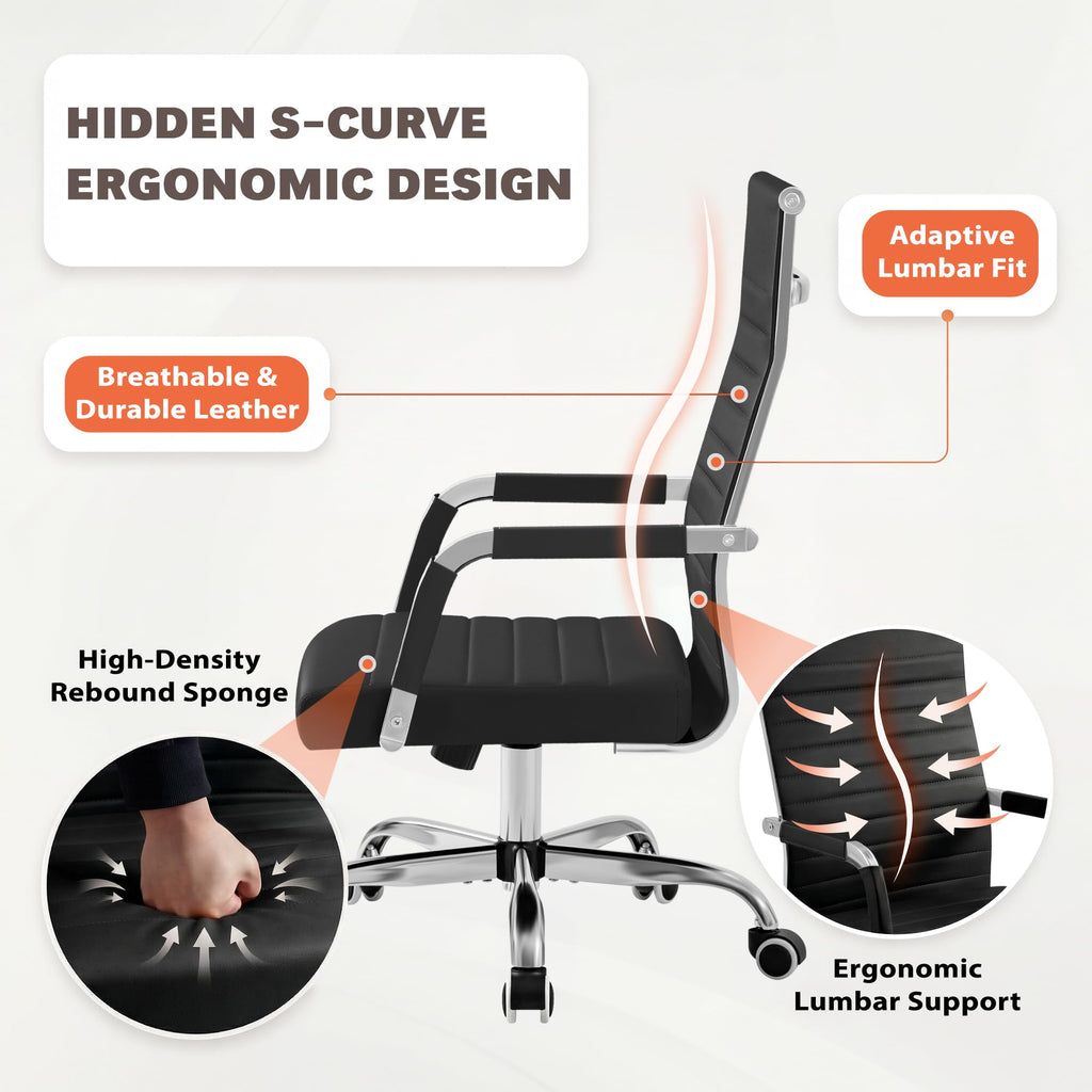 Ergonomic Office Desk Chair, Executive Ribbed Mid-Back PU Leather Conference Room Chair Adjustable Swivel Chair with Arms (2 pcs, Black)