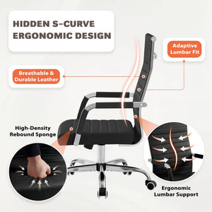 Ergonomic Office Desk Chair, Executive Ribbed Mid-Back PU Leather Conference Room Chair Adjustable Swivel Chair with Arms (2 pcs, Black)