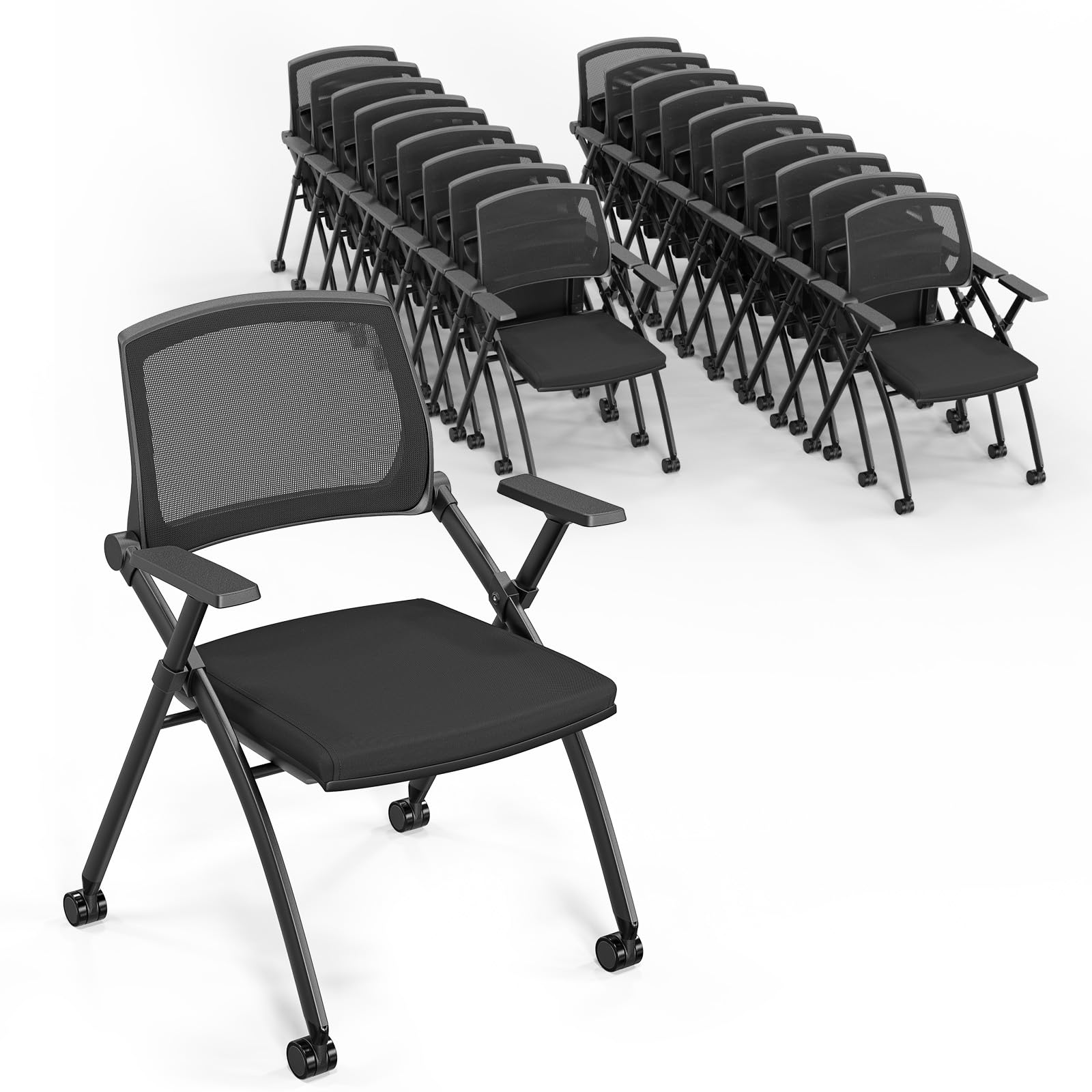 20 Pack Stackable Conference Room Chairs with Wheels, Folding Office Chair with Rebound Back, Padded Seat for Training Room, Guest, Reception, Event, Capacity 350lbs, Black