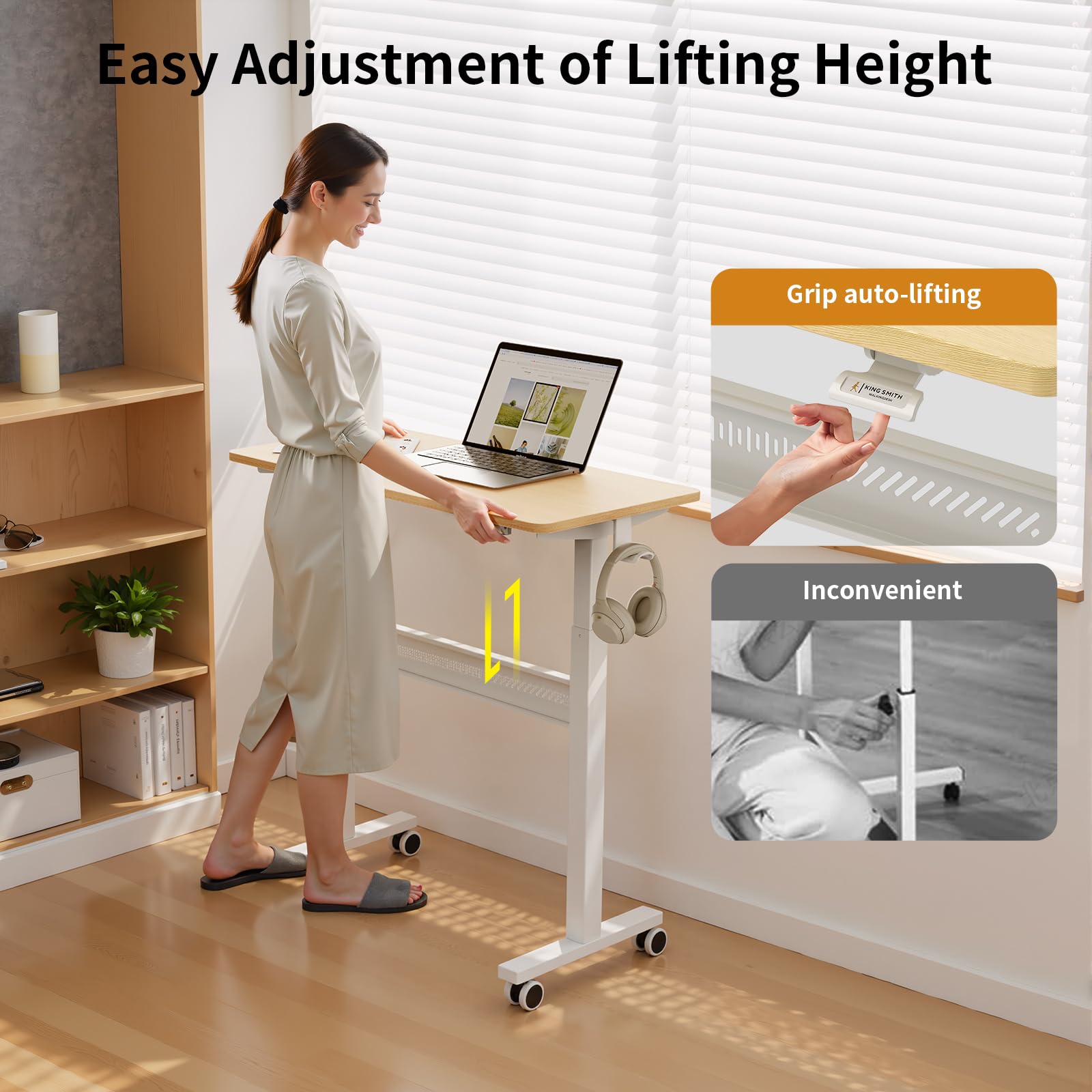 Mobile Walking Pad Desk with Wheels, Pneumatic Small Rolling Standing Desk Riser Height Adjustable (28-43.7