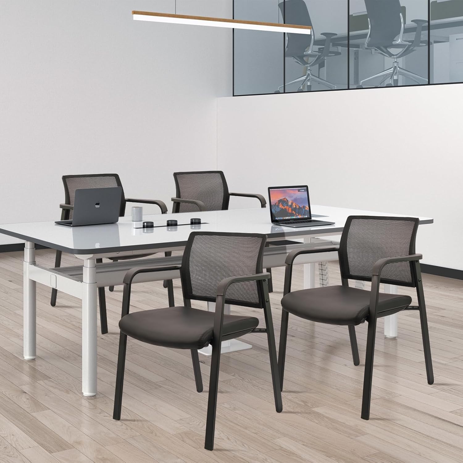 Black, Set of 8, Stackable Office Chair, Mesh Back Guest Chairs with Comfortable Leather Seat Arms Stacking Ergonomic Desk Chair No Wheels for Conference Waiting Reception School Stationary,