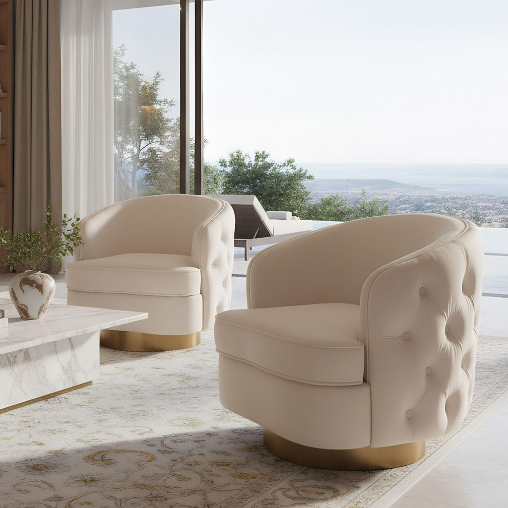 Set of 2 Modern Accent Chairs, Swivel Barrel Armchairs for Living Room, Button Tufted Velvet Comfy Chair, Round Upholstered Single Sofa Seating with Gold Base, White