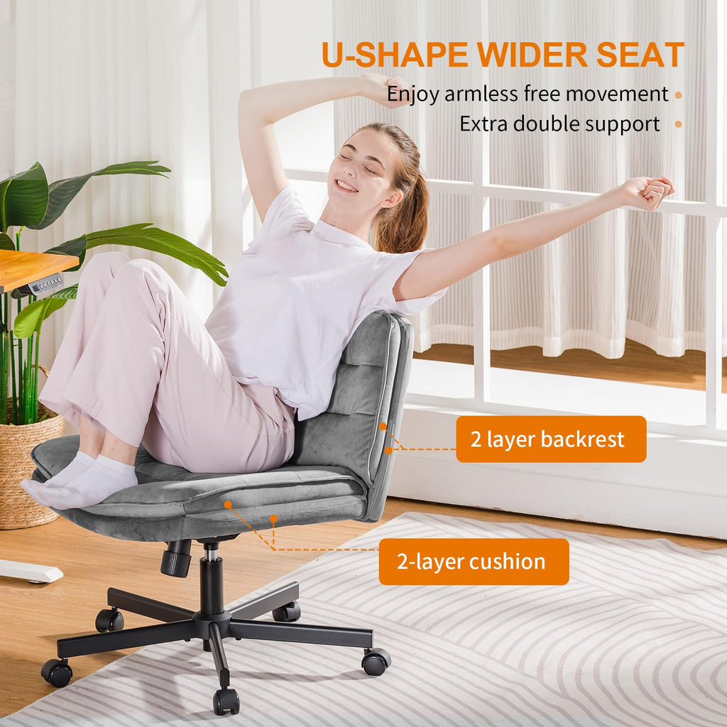 Cross Legged Office Chair with Wheels Armless-Office Desk Chair, Modern Vanity Computer Task Chairs for Home Bedroom, Comfortable Wide Seat for Lower Back Pain Relief, Soft Velvet, Gray