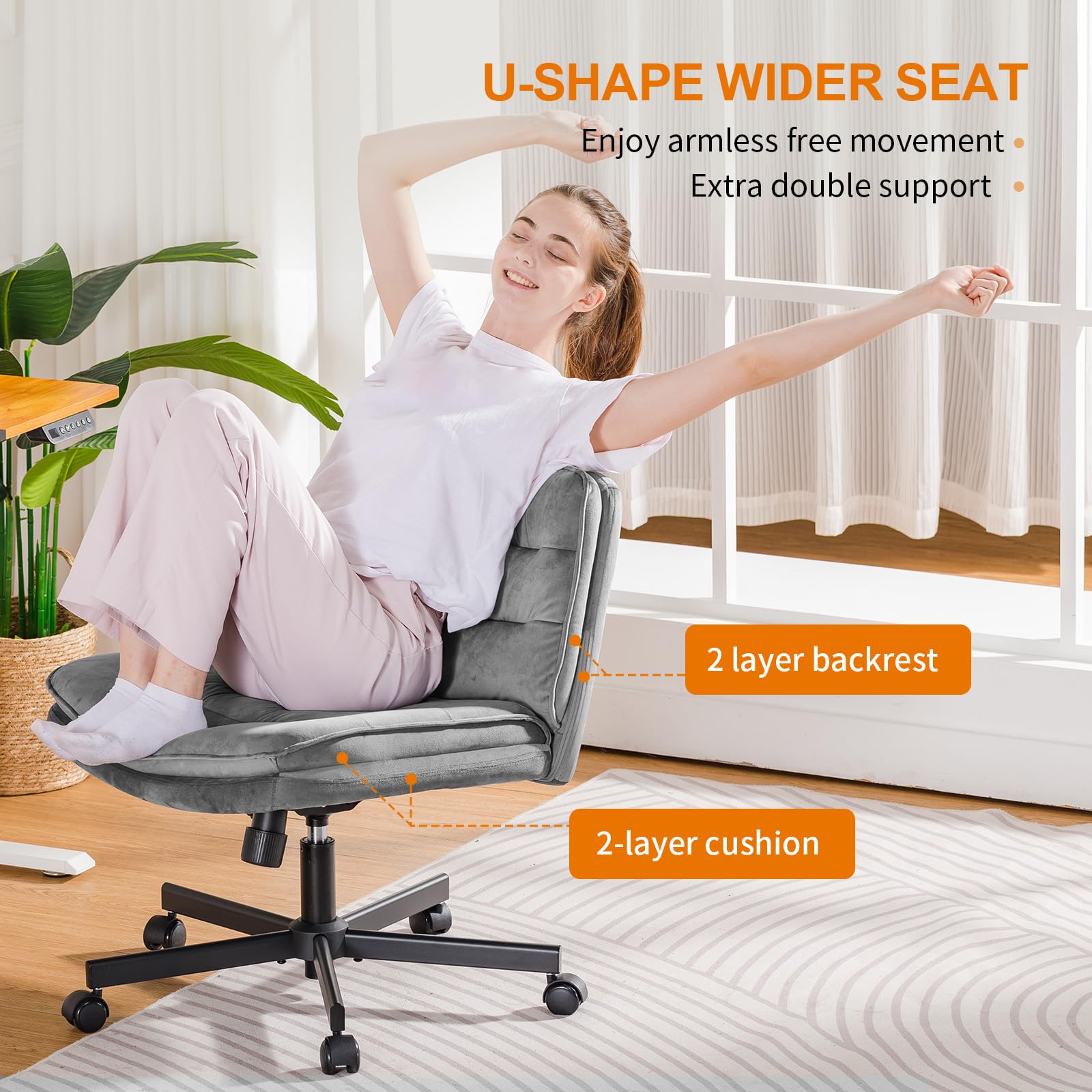 Cross Legged Office Chair with Wheels Armless-Office Desk Chair, Modern Vanity Computer Task Chairs for Home Bedroom, Comfortable Wide Seat for Lower Back Pain Relief, Soft Velvet, Gray