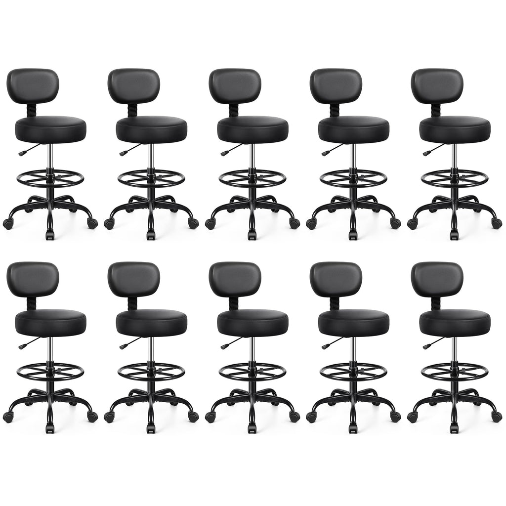 Pack of 10, Drafting Chair with Backrest – Adjustable Foot Rest Rolling Stool with Wheels, PU Leather Swivel Stool for Office Spa Studio Lab Counter Salon Home Work Bar Kitchen Shop(Black),