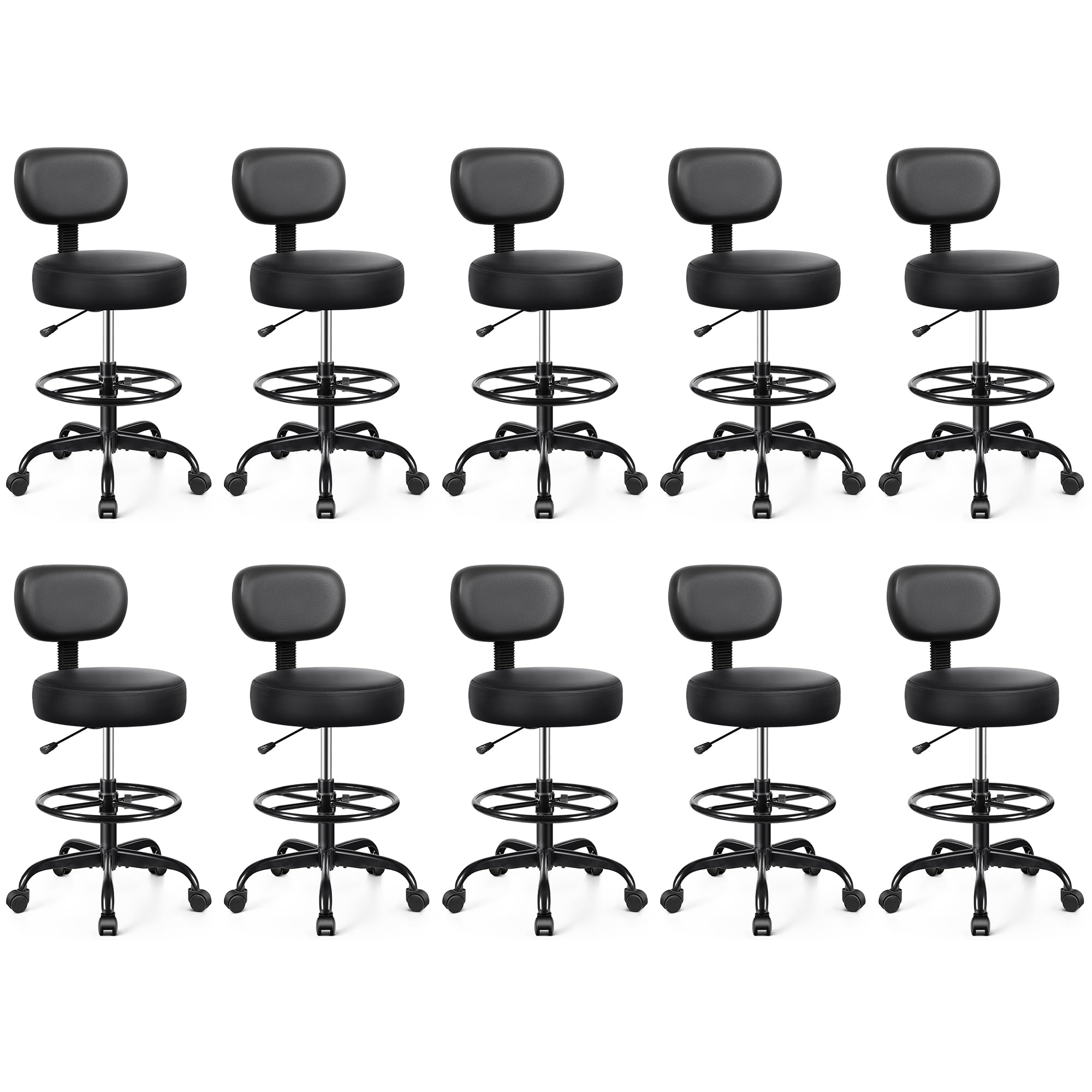 Pack of 10, Drafting Chair with Backrest – Adjustable Foot Rest Rolling Stool with Wheels, PU Leather Swivel Stool for Office Spa Studio Lab Counter Salon Home Work Bar Kitchen Shop(Black),