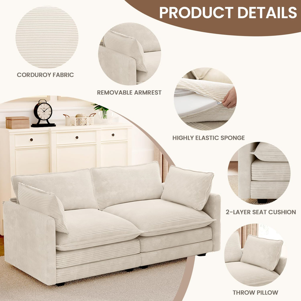 78'' Sectional 2 Seat Cloud Loveseat with 2 Throw Pillows, Modern Corduroy Love Seat, Cozy Sofa for Living Room, Office and Bedroom, Beige