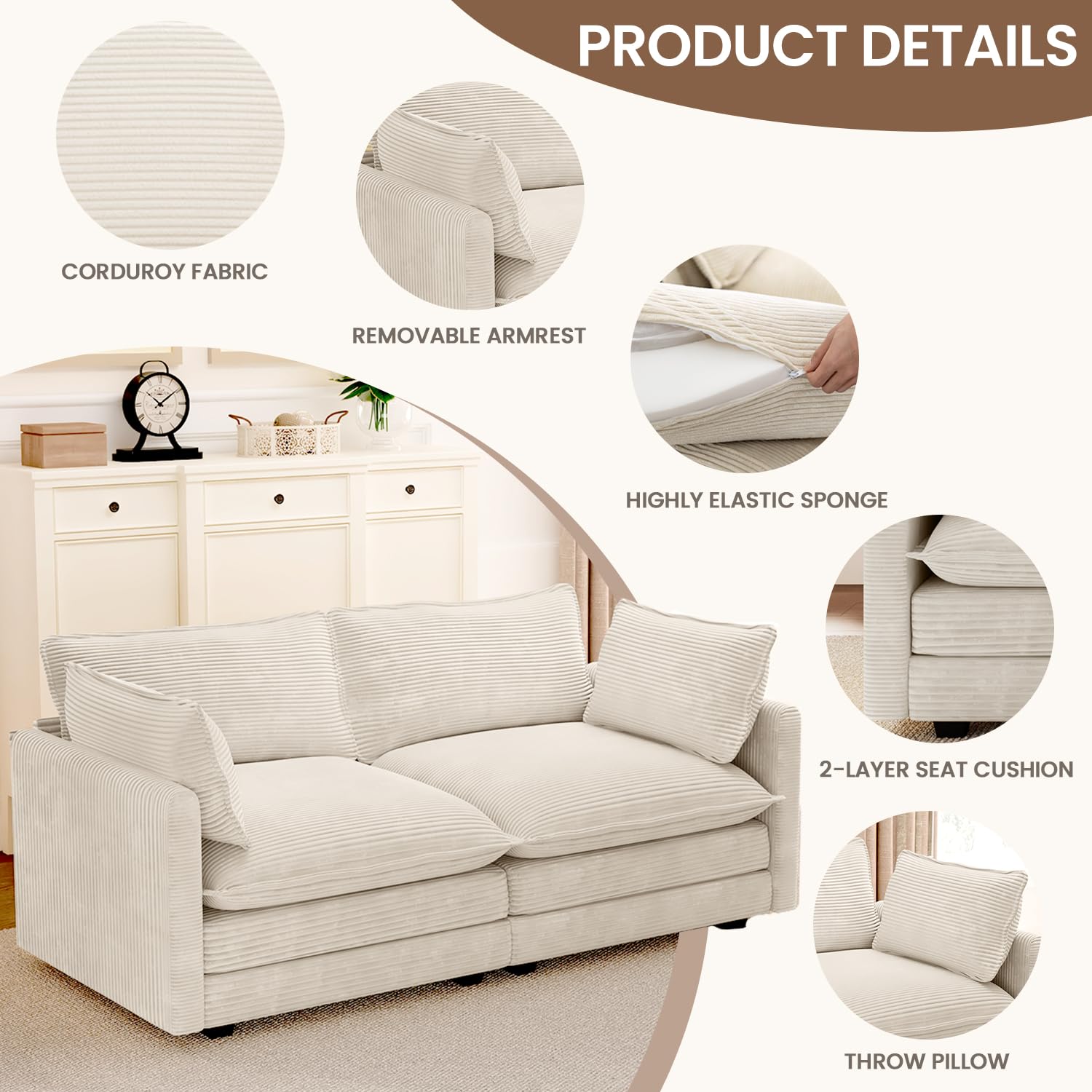 78'' Sectional 2 Seat Cloud Loveseat with 2 Throw Pillows, Modern Corduroy Love Seat, Cozy Sofa for Living Room, Office and Bedroom, Beige