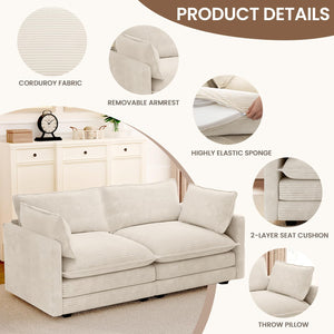 78'' Sectional 2 Seat Cloud Loveseat with 2 Throw Pillows, Modern Corduroy Love Seat, Cozy Sofa for Living Room, Office and Bedroom, Beige