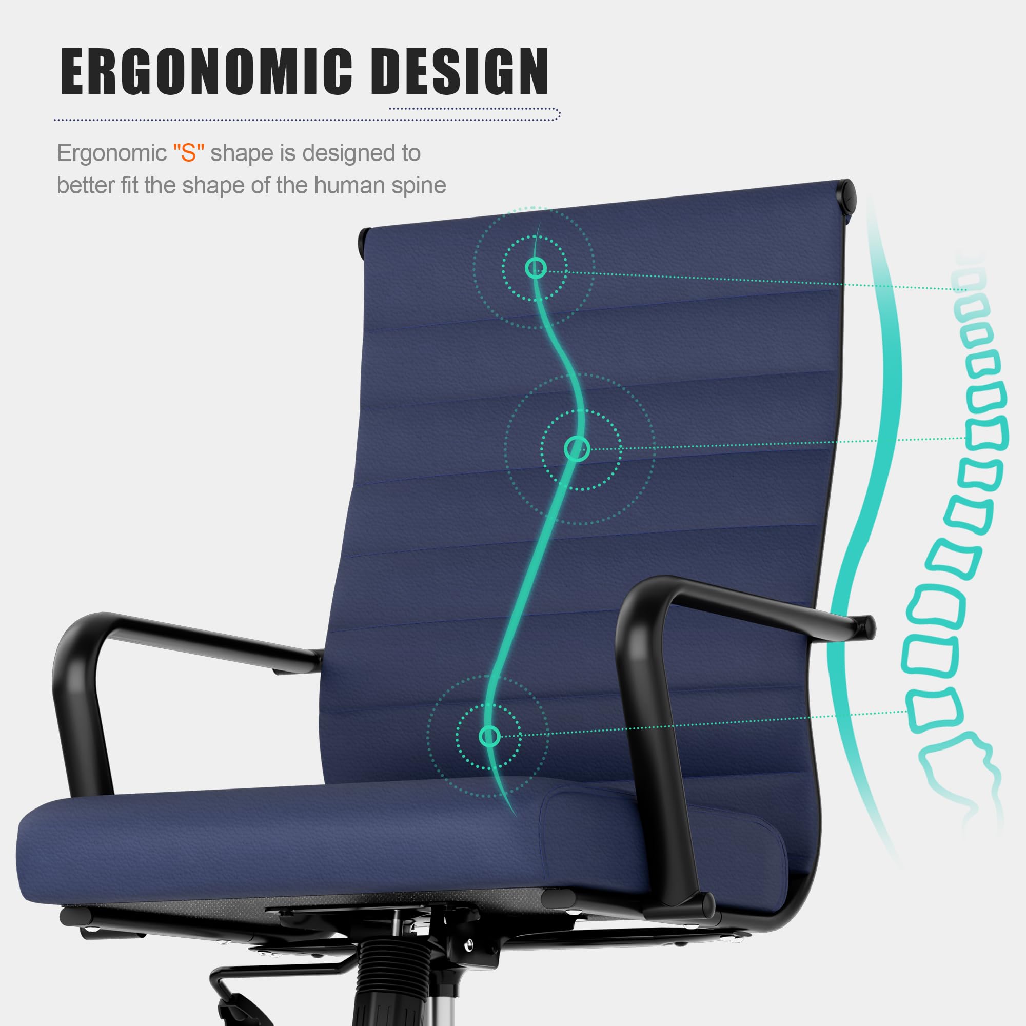 Blue Leather Office Desk Chair, Conference Room Chairs Executive Chair Ribbed, Ergonomic Height Adjustable Swivel Rolling Chair for Home Office.