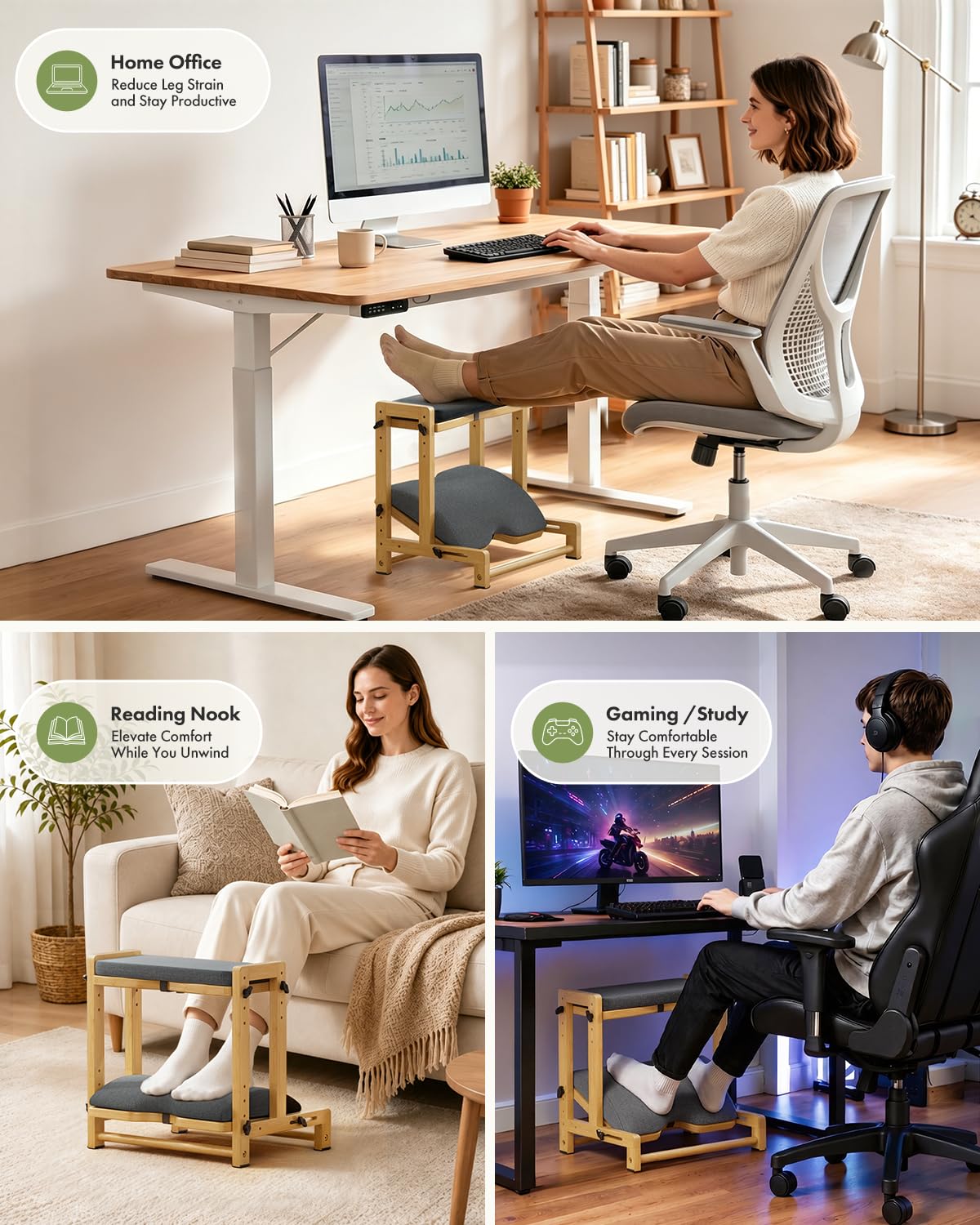 Double Step Foot Rest for Under Desk, 4 Adjustable Heights Bamboo Under Desk footrest with Soft Cushion, Dual-Layer Desk Foot Stool for Office Home Gaming, Natural Wood Foot Rests for Work