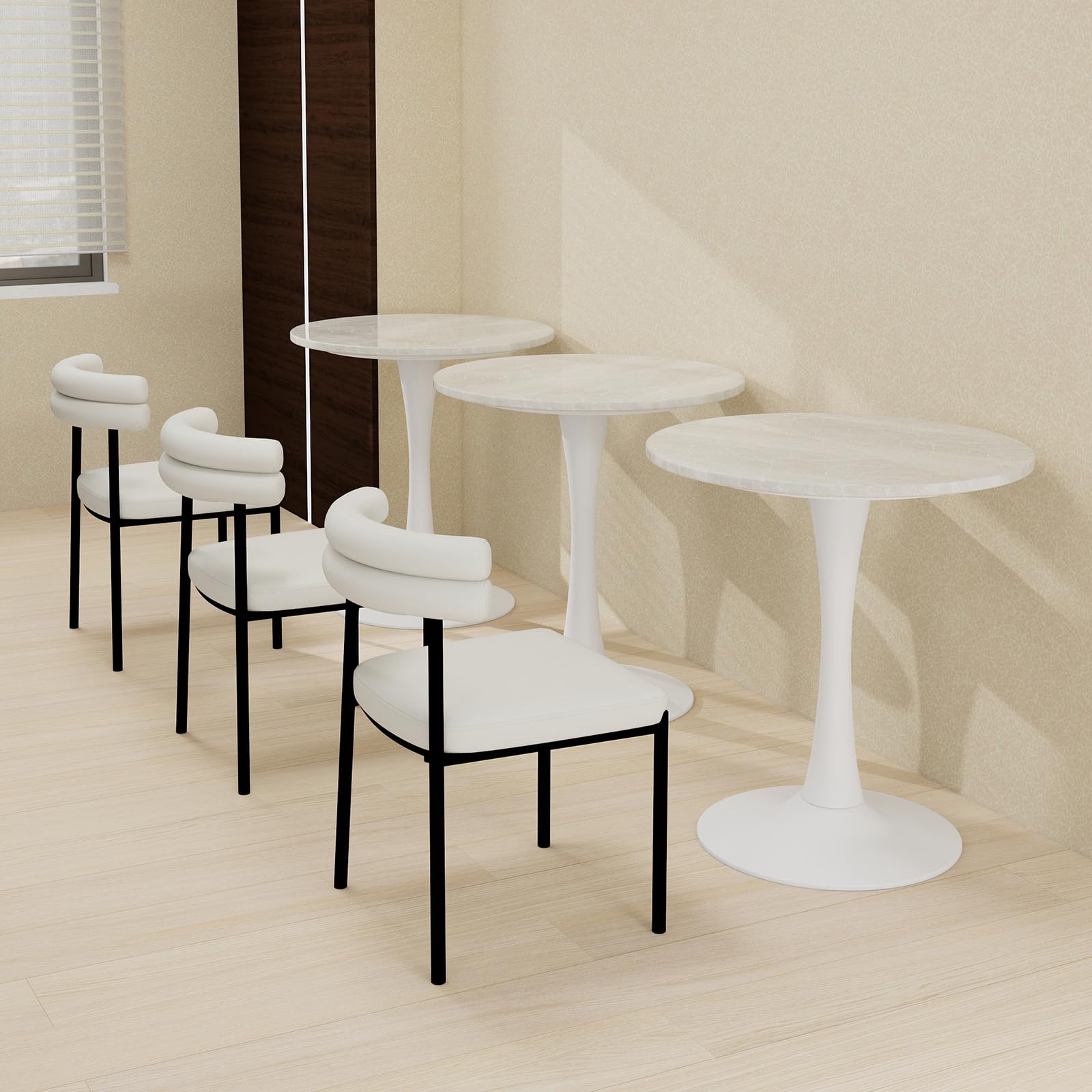 27.6" Marble Round Tulip Table, Mid-Century Modern Style Dining Table with White Pedestal Base for 2-4 People, Featuring A Marble Tabletop for Kitchen, Dining Room, Cafe (Grayish White)