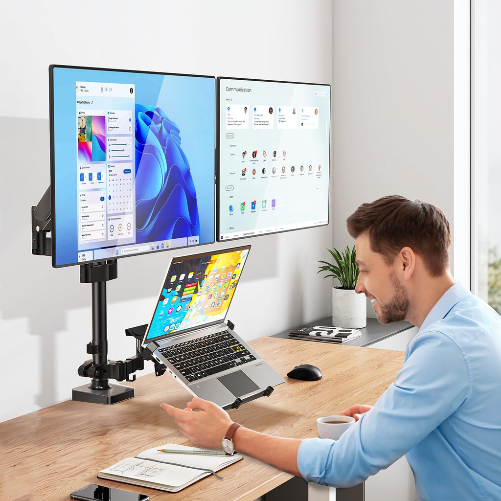 Triple Arm Laptop and Dual Monitor Desk Mount for 17" Notebook and Up to 32" Screens, Adjustable Monitor Arms with Tilt Swivel Rotation, VESA 75x75 100x100, Black (GSDM003LP)