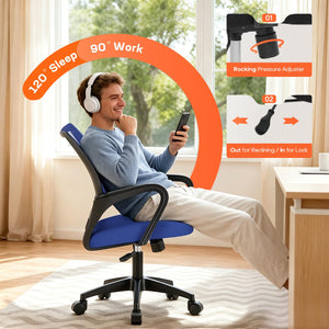 Ergonomic Office Chair | Mid-Back Swivel Desk Chair | Breathable Backrest & Lumbar Support | Adjustable Height | Sponge Seat | Rolling Wheels | Blue | for Adults & Women