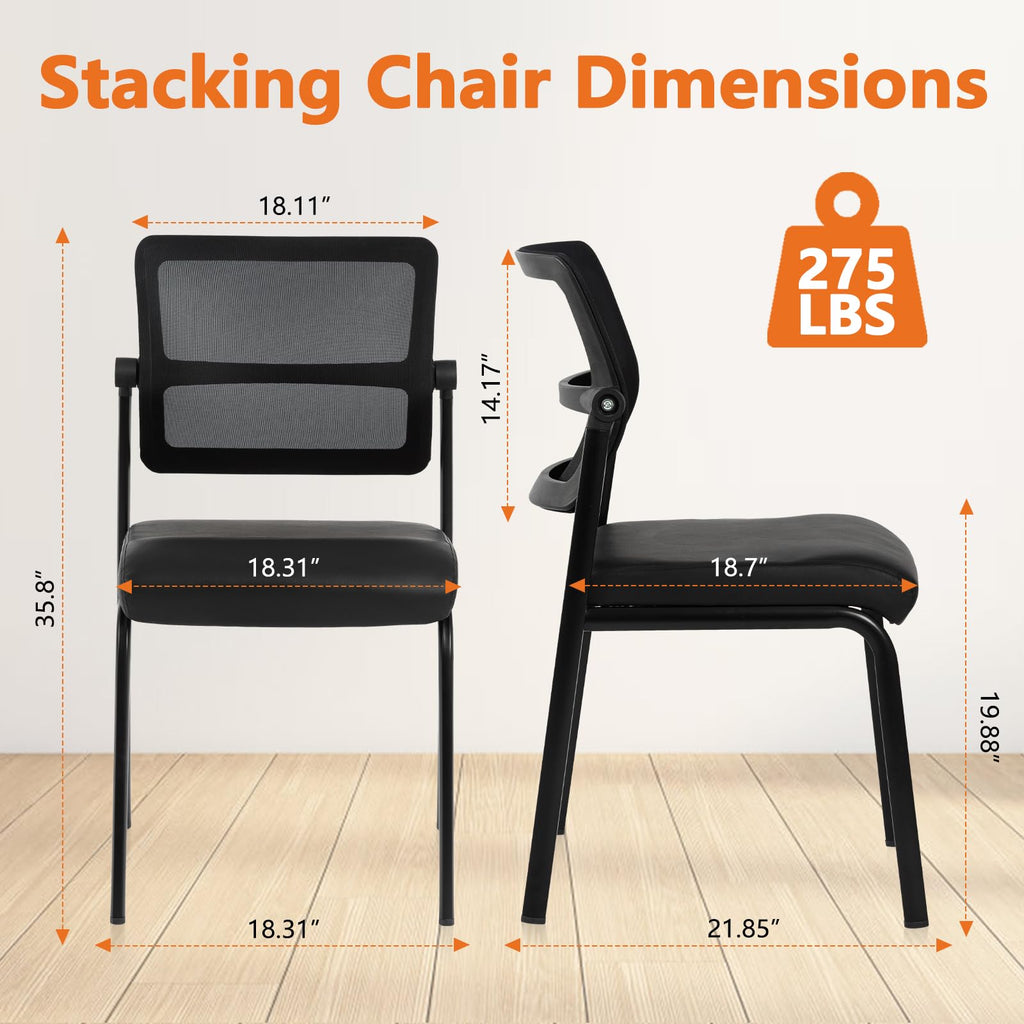 12PK Mesh Stacking Office Desk Chairs, Portable Stackable Bulk Waiting Room Armless Chair with Adjustable Back & Leather Seat for Guest Lobby Side School Church Conference Break, Black