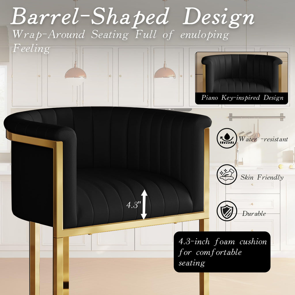 Modern Counter Height Bar Stools,Bar Stools Set of 3,PU Leather Upholstered Barrel Barstools with Backs and Arms,26'' Kitchen Island Chairs,Mirror Champagne Gold Base,Ink Black Leather