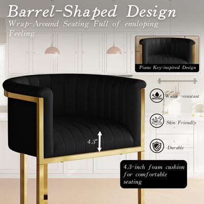 Modern Counter Height Bar Stools,Bar Stools Set of 3,PU Leather Upholstered Barrel Barstools with Backs and Arms,26'' Kitchen Island Chairs,Mirror Champagne Gold Base,Ink Black Leather