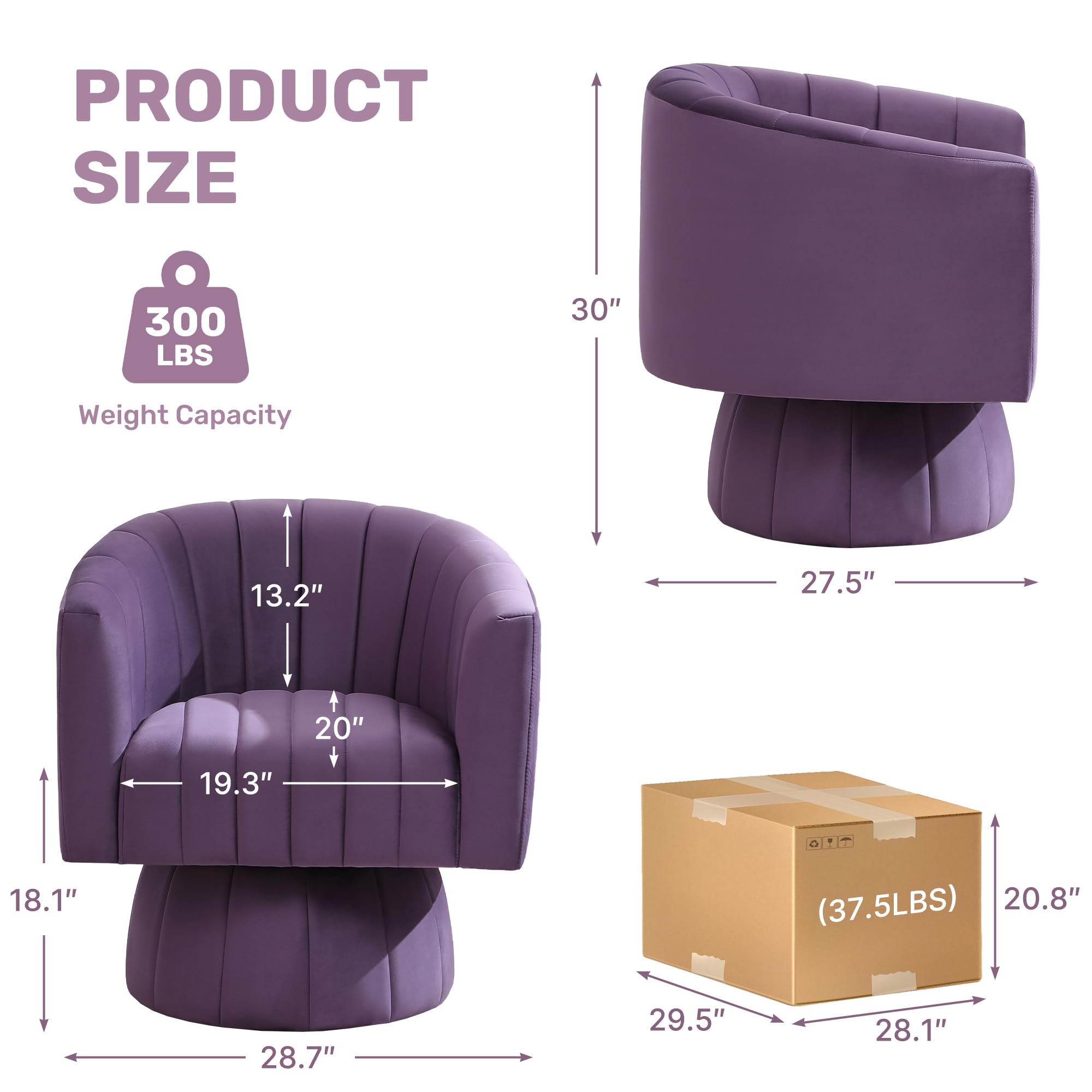 Swivel Accent Barrel Chair Set of 2, Cute Comfy Small Round 360° Arm Chair, Velvet Sofa Club Reading Chair for Living Room Bedroom Office Purple