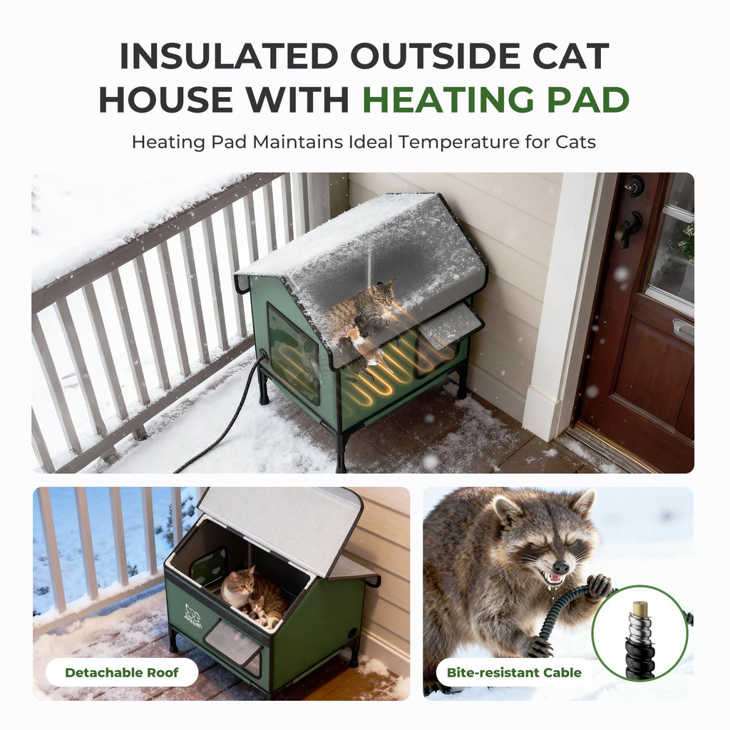 Heated Outdoor Cat House Weatherproof - Insulated Cat Shelter with Thermostatic Heating Pad, Water Resistant 900D Oxford Feral Cat House with Anti-Peep Curtains Escape Door for Winter, Small