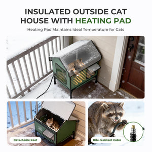 Heated Outdoor Cat House Weatherproof - Insulated Cat Shelter with Thermostatic Heating Pad, Water Resistant 900D Oxford Feral Cat House with Anti-Peep Curtains Escape Door for Winter, Small