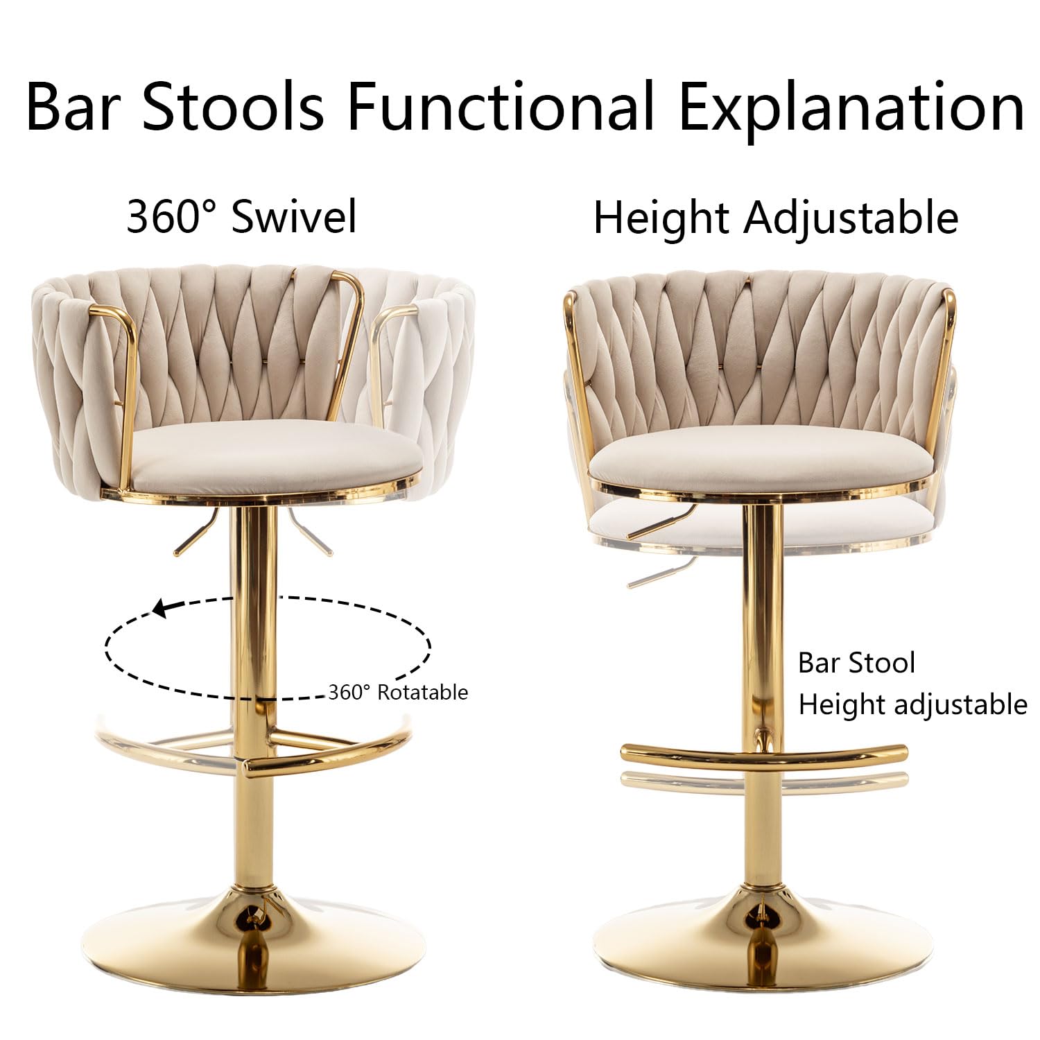 Gold Velvet Bar Stools Set of 4, Swivel Counter Height Bar Stools with Back, Adjustable Woven Barstools for Kitchen Island, Pub, Club (Beige)