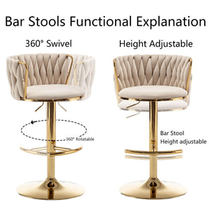 Gold Velvet Bar Stools Set of 4, Swivel Counter Height Bar Stools with Back, Adjustable Woven Barstools for Kitchen Island, Pub, Club (Beige)