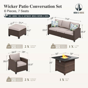 Wicker Patio Furniture Set, Outdoor Furniture with Fire Pit Table, 6 Pieces Patio Conversation Set with Ottomans, Outside Sofa Sets for Poolside Backyard, Beige