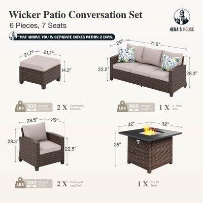 Wicker Patio Furniture Set, Outdoor Furniture with Fire Pit Table, 6 Pieces Patio Conversation Set with Ottomans, Outside Sofa Sets for Poolside Backyard, Beige